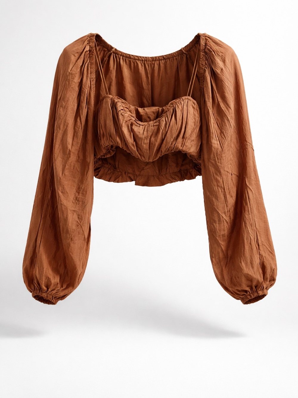 Women's Rust Brown 2-Piece Puff Sleeve Cropped Top w/ Long Sleeve Bolero
